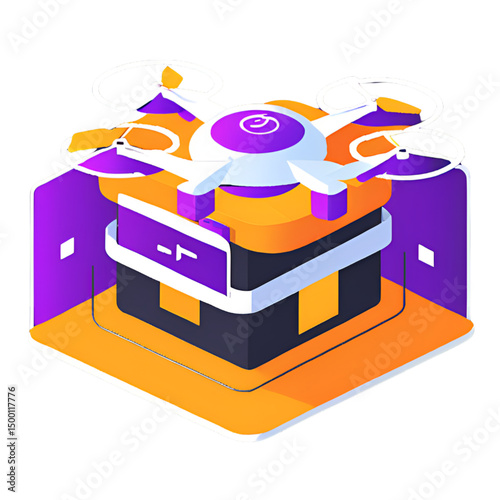 Futuristic drone delivery 3D icon with parcel box, minimal isometric style, tech-inspired logistics design. Modern digital vector element isolated on transparent background