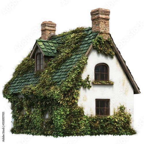 Overgrown cottage house graphic design element isolated on white background