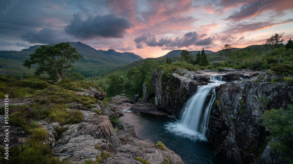 Fototapeta premium A scenic view of a waterfall cascading into a pool surrounded by lush greenery and mountains at dusk