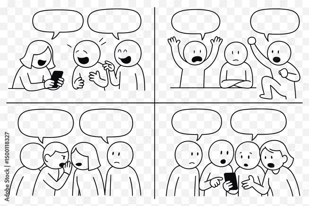 Obraz premium Editable Comic Strip Template – Blank Doodle Style Speech Bubble Comic Panels 