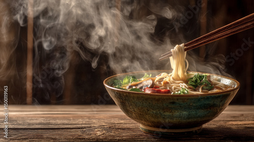A steaming bowl of ramen with chopsticks lifting noodles above a rustic wooden table surface