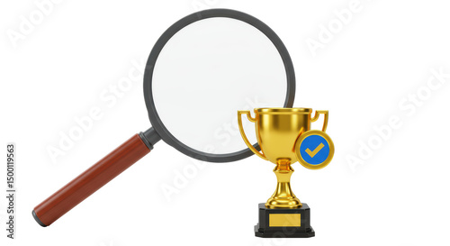 Isolated Magnifying Glass, Trophy and Check Mark photo