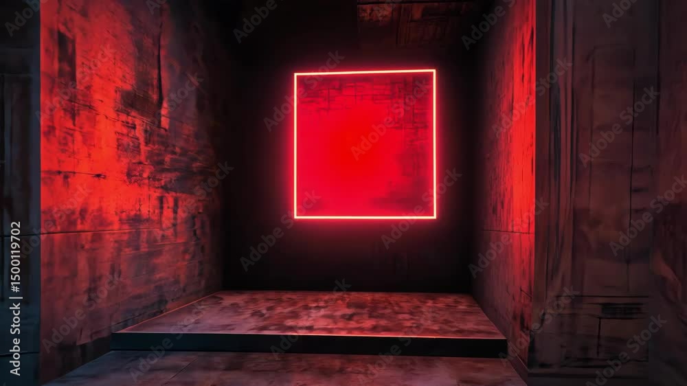 red neon square artwork on concrete wall in abstract architectural corridor space backdrop