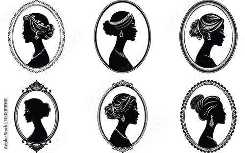Six Elegant Black and White Silhouettes of Women in Ornate Frames