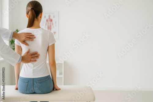 A young woman sits upright on a medical examination table as a healthcare professional gently examines her back for posture alignment and spinal health in a bright, modern clinical setting 