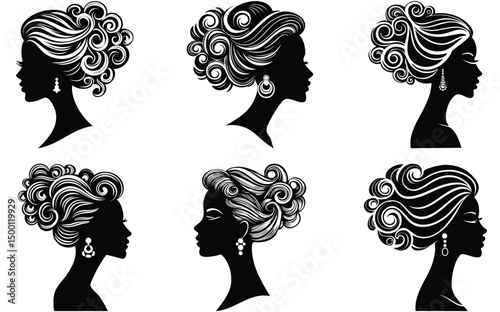 Six Elegant Black Silhouettes of Women with Ornate Hairstyles and Earrings