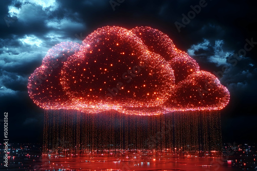 Glowing red cloud above cityscape, dark and moody sky, digital data flowing down like rain, abstract