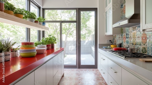 Modern kitchen with white cabinets and a red countertop. on the left side of the image, there is a wooden shelf with several potted plants and colorful bowls. photo
