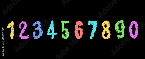 Colorful numbers 0-9, hand-drawn in a wax crayon or pastel style. Highlighter effect on a board, perfect for kindergarten drawing, learning materials, and creative educational projects. Vector