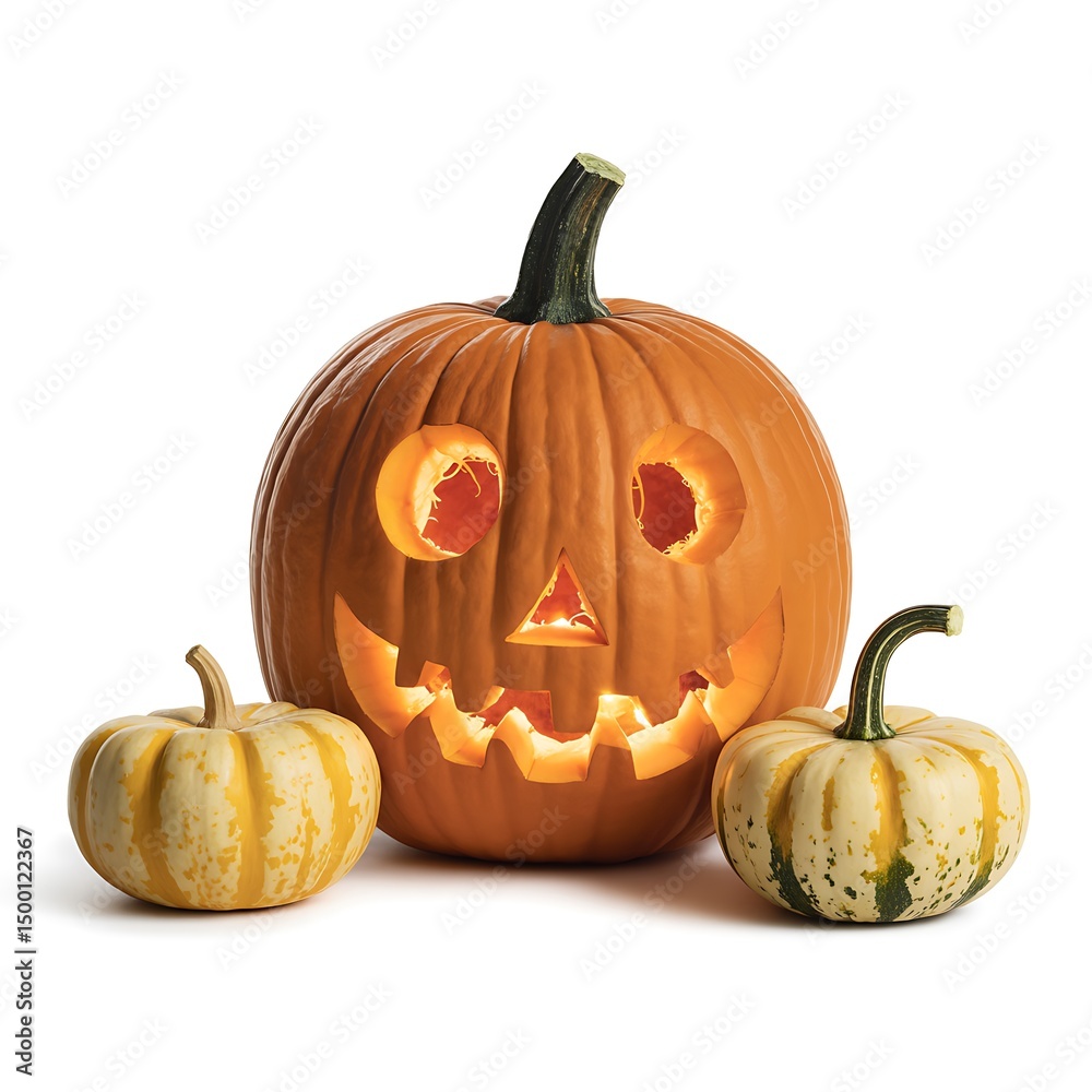 Obraz premium Jacko'lantern and two gourds on a white background in studio lighting