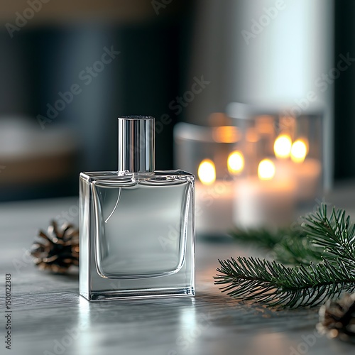Elegant perfume bottle, winter ambiance