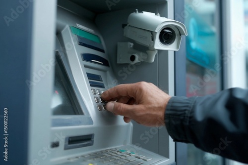 Wallpaper Mural A user is interacting with an ATM in a public location, while a surveillance camera positioned nearby observes the activity for security purposes, ensuring safety and monitoring Torontodigital.ca