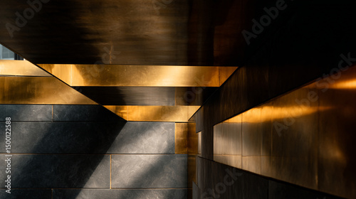 Abstract architecture featuring gold accents and dark tiles creating geometric patterns and shadows