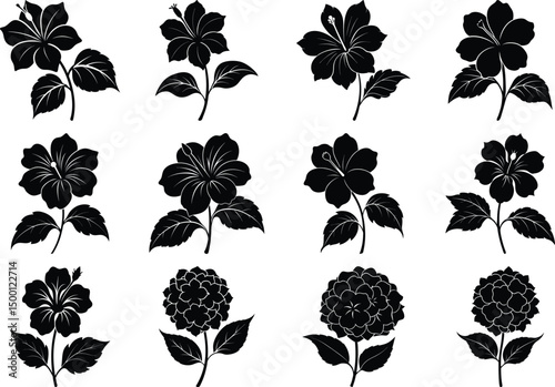 Hibiscus Marigold Rose Vector Silhouette Bundle Vibrant Floral Design Set.