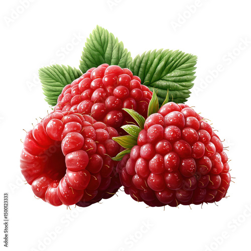 Ripe red raspberries with green leaves on transparent background