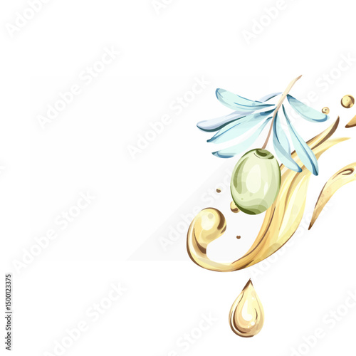 Watercolor illustration of olives and olive oil celebrating the beauty of nature and Italian cuisine frame, border, arrangement