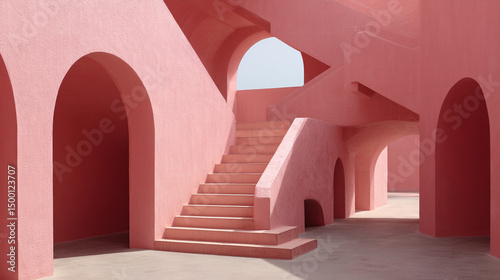 A pink architectural structure with arches and a staircase leading upwards in a minimalist style