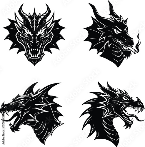 Black dragon head face silhouette illustration set collection on white