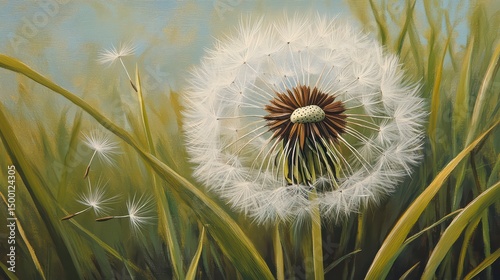Painting of a dandelion with a few other dandelions in the background. The painting has a peaceful