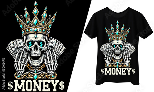 Money Skull Wearing Crown Skeleton, T-Shirt Design.