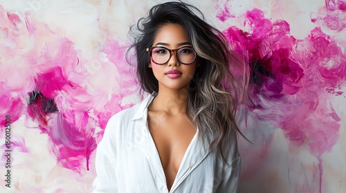 Woman poses with floral background wearing glasses and a white unbuttoned shirt.