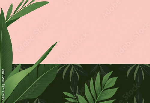 Fundo rosa com folhagem verde.