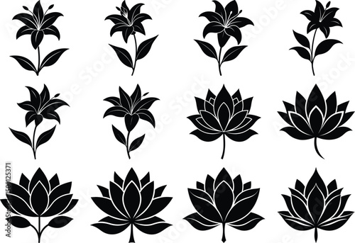 Water Lily Hibiscus Lotus Vector Silhouette Bundle Elegant Floral Design Set