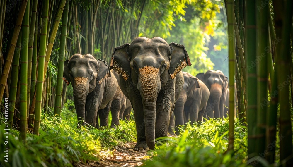 Fototapeta premium Elephants Walking Through Bamboo Grove