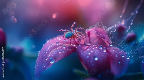 Spider is sitting on a flower with water droplets on it. The spider is blue and red