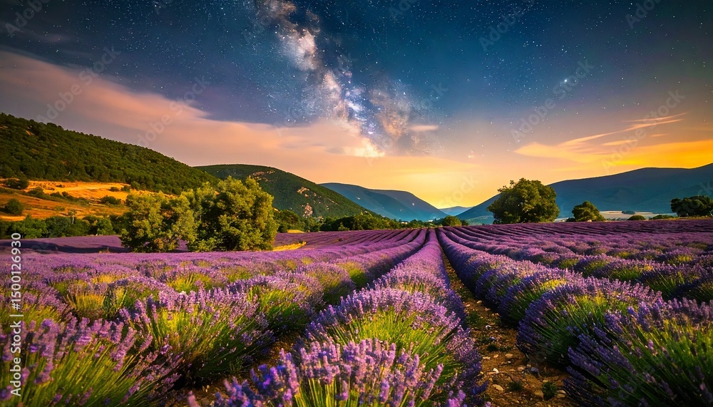 Fototapeta premium Lavender Fields Under the Milky Way A Stunning Night Sky Landscape