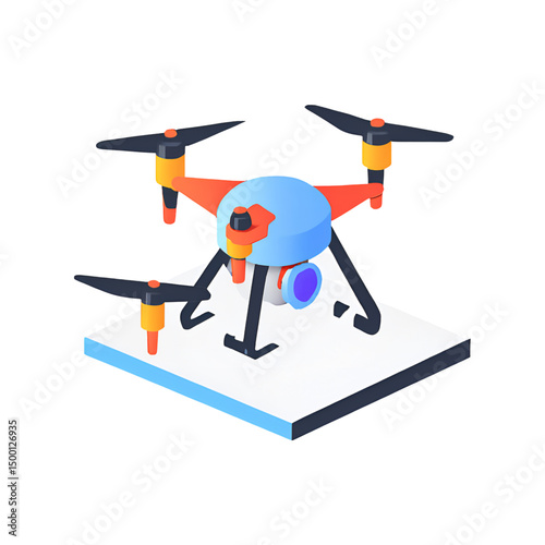 Realistic drone 3D icon in isometric view, modern quadcopter with propellers, high-tech design for aviation, delivery, or surveillance themes. Isolated vector render on transparent background