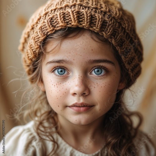 Young girl with blue eyes and beige knitted headband calm neutral expression soft blurred background
