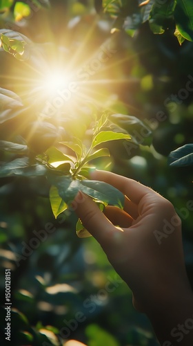 The magic of nature captured with a hand touching leaves