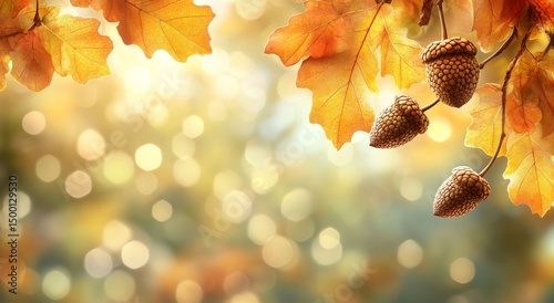 Golden Acorns Hanging From a Branch in a Sunlit Forest During Autumn Season