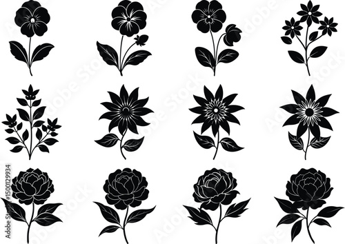 Rose Marigold Hibiscus Champak Flower Vector Silhouette Bundle Elegant Floral Set.