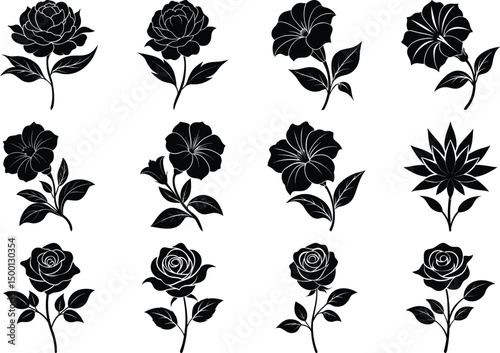 Rose Marigold Hibiscus Champak Flower Vector Silhouette Bundle Elegant Botanical Set.