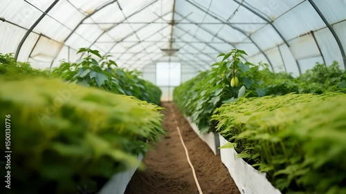 Greenhouse interior showcasing lush, healthy plant rows, ideal for sustainable agriculture, research, and botanical stock content creation.