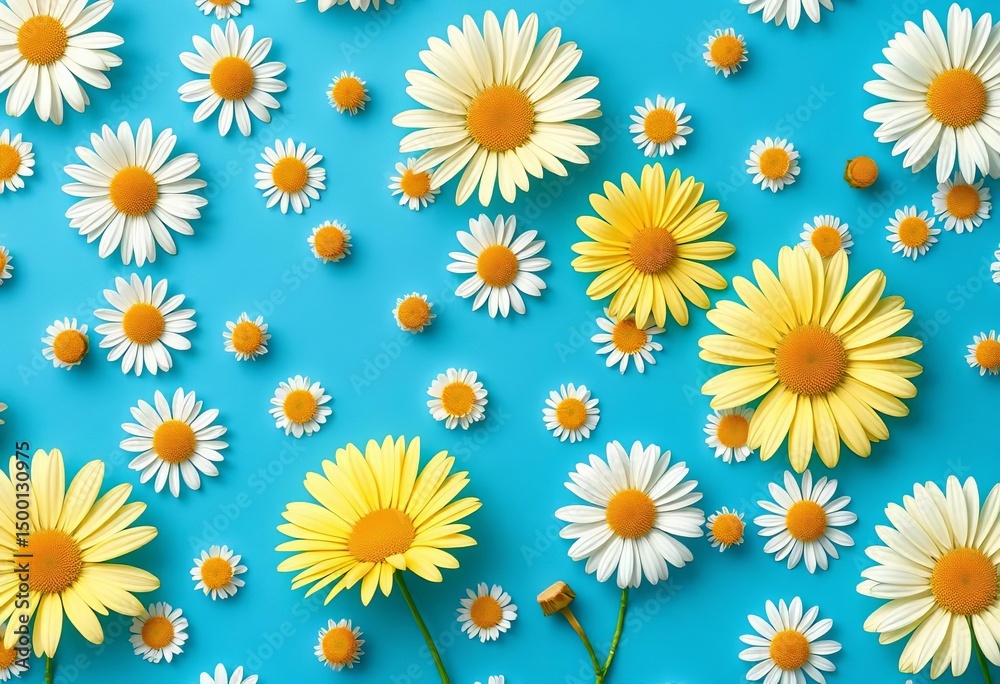 Obraz premium Repetitive daisy & chamomile floral pattern on blue background , blue, floral