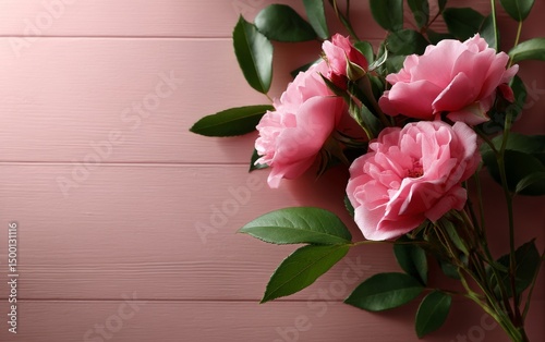 Beautiful Pink Roses Arranged on a Wooden Table Against a Soft Pink Background