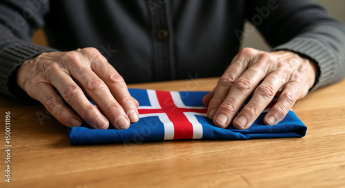 Hands carefully folding an Icelandic flag on a wooden table. Close-up of person with Iceland national symbol. Icelandic National Day, June 17 photo