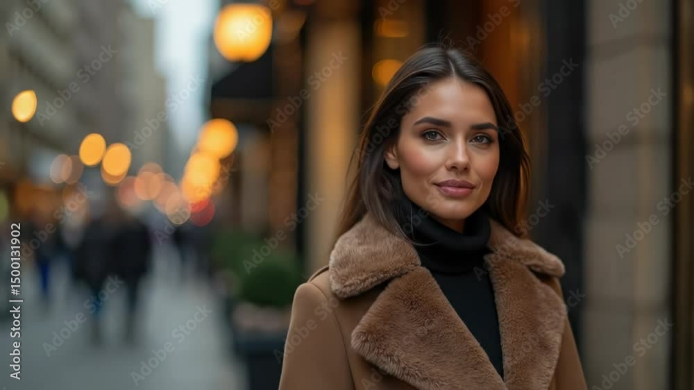 Elegant young woman in stylish fur collar coat walking on busy city street with blurred lights