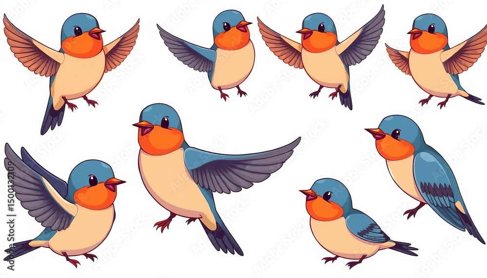 Naklejka premium Simple cartoon swallows, various poses, isolated on white background , birds, vector illustration