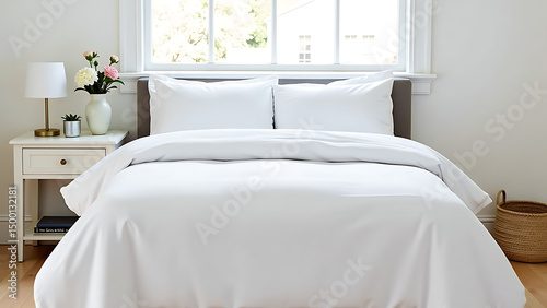 image shows bed white comforter pillows front window flower vase lamp objects table beside