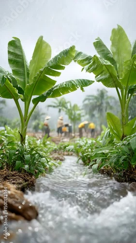 tropical eco farming in rain tropical farming in heavy rain, banana plantation in rural rain, eco agriculture scene tropical farming in heavy rain banana field under heavy rainfall