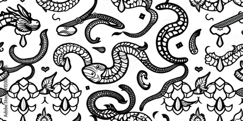 Seamless vector pattern of stylized dragon, snake, reptile, fish, and mermaid scales; black line art on white background,  scales,  reptile