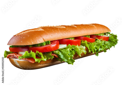 Delicious sub sandwich with fresh vegetables isolated on a white background, Png Transparent Background