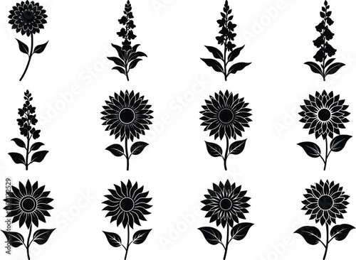 Sunflower Rose Floral Vector Silhouette Bundle – Elegant Botanical Flower Set