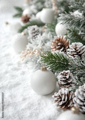 Beautifully Decorated Winter Arrangement With White Ornaments and Pinecones o...