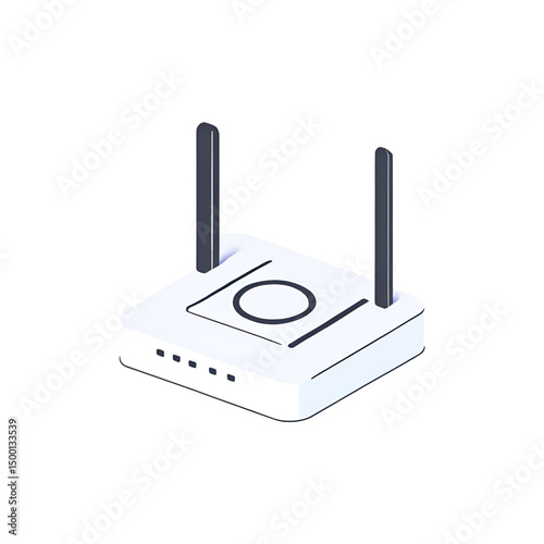 Modern router 3D icon with antennas, realistic isometric design representing wireless internet, network connectivity, and tech devices. Clean vector render isolated on transparent background for versa