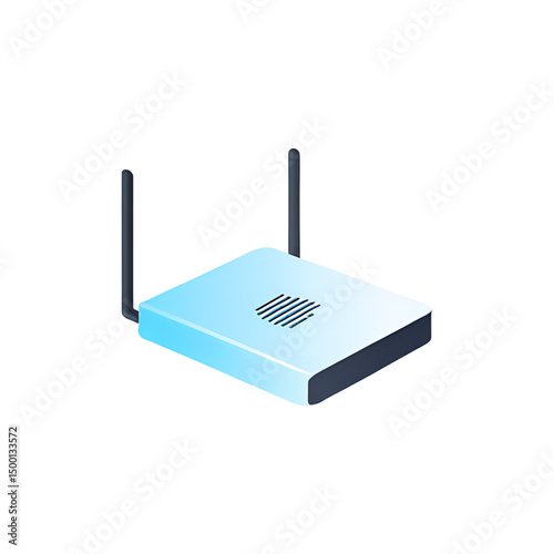 Modern router 3D icon with antennas, realistic isometric design representing wireless internet, network connectivity, and tech devices. Clean vector render isolated on transparent background for versa